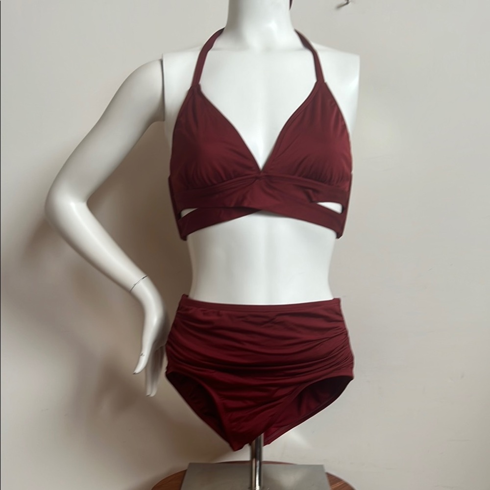 Kona Sol Red Halter Bikini with High-Waisted Bottom